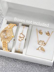 6pcs Gorgeous Style Women's Alloy Steel Band Quartz Watch With Diamond Set, Three Eyes Roman And Alloy Gold Jewelry Set, Heart Point Diamond Evening Party