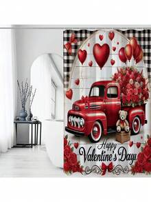 Juego de cortina de ducha decorativa para el Día de San Valentín (incluye corazón, rosa, floral, camión, patrón a cuadros) Estilo granja rojo y negro lavable, cortina de baño, incluye 12 ganchos, alfombra antideslizante en forma de U para el inodoro, regalo para el hogar - Multicolor - Ver 6