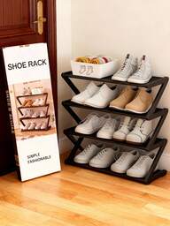 Four-Layer Large Z-Shaped Shoe Rack, Easy To Assemble Without Tools, Pink Plastic Stackable Storage Organizer, Suitable For Home, Dormitory And Living Room, Space-Saving Floor Design, Shoe Storage Organizer