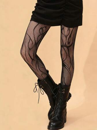 1件装女士高端法式复古连裤袜，高弹紧身连裤袜，镂空提花显瘦长筒袜