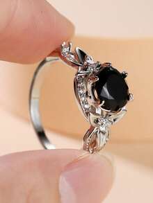 1 pièce Bague pour femme en zircone noire avec motif feuille et vigne, accessoire de mode pour soirée, cadeau d'anniversaire - Noir - Voir 5