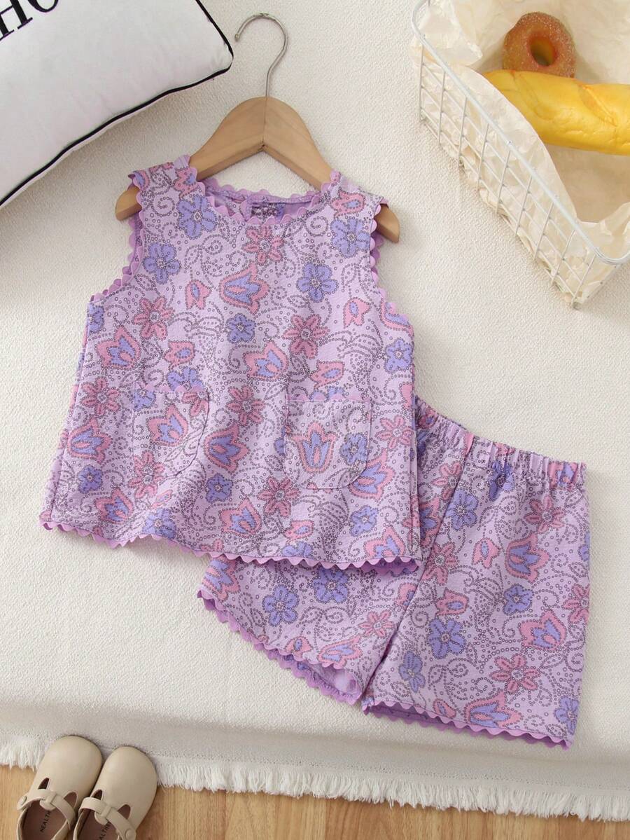 Humor Bear 2pcs Young Girls Floral Embroidery Ruffle Top And Shorts Set, Stylish Summer Outfit - Mauve Purple - View 1