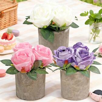3 piezas de plantas de flores de rosa artificiales en macetas, macetas de cemento con degradado de blanco-rosa-morado, decoración de escritorio, flores de curación emocional para el escritorio de la oficina, accesorios para fotos de picnic con la novia, decoración de bodas, macetas con flores falsas