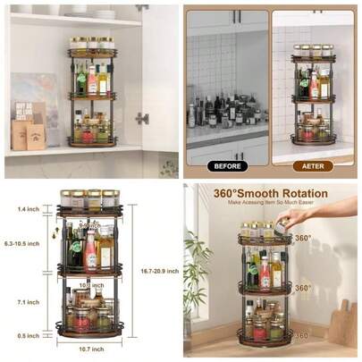 Lazy - Susan - Organizer - Spice - Rack, 3 - Tier Adjustable Rotating Spice Organizer Kitchen - Cabinet - Countertop - Pantry, Turntable Seasoning Holder Storage Shelf
