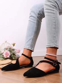 2025 Spring New Fashion Suede Black Pointed Toe Flat Women Shoes, Women Buckle Flat Suede Black Shoes - Black - View 5