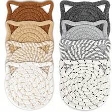 4/8pcs Cat Ear Coasters Set, Handmade Bright Pink Woven Coasters, Non-Slip Absorbent Drink Coasters (With Holder), Home Decor, Gifts For Valentine''s Day And Mother''s Day