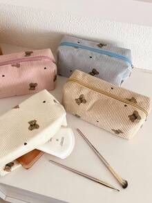 1pc Cute Bear Corduroy Makeup Bag, Waterproof, Can Hold Lipstick, Women's Cosmetic Bag, Small Compact Makeup Case, Women's Travel Pouch, Pencil Case, Large Capacity Makeup Brush Holder, Travel Toiletry Bag, Stationery Pouch,Pouch,Makeup Pouch,Travel Essential - Multicolor - View 4