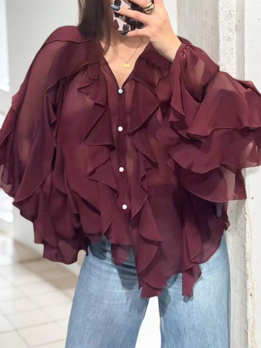 Romantic Wine Red Ruffle Chiffon Blouse, Women's V-Neck Sheer Button-Up Shirt With Layered Ruffle Cuffs, Casual & Formal Lightweight - Burgundy - View 1