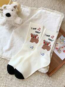 5 paires de chaussettes coréennes style automne/hiver nouvelles pour femmes, chaussettes mi-mollet mignons style dessin animé, chaussettes de sport avec une touche d'écolière - Multicolore - Voir 4