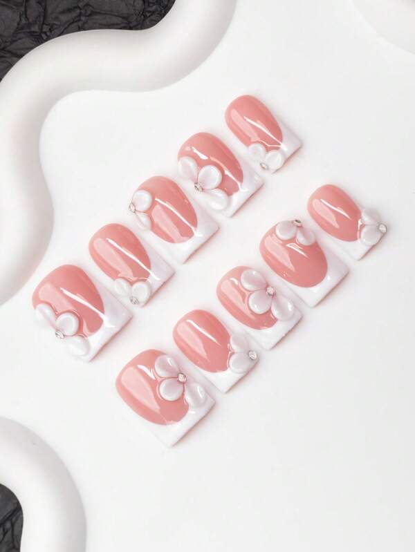 10pcs/Set Handmade Square Nail Tips, Y2K Baddie Style, Nude & White Color With French Tips & Floral Design, Suitable For Parties, Weddings, Daily Wear, Includes Nail Tools, Great Gift For Women & Girls Nails Nail Supplies Handmade Press On Nails