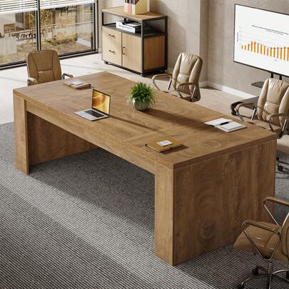 LITTLE TREE 71-Inch Conference Table, 6 Ft Rectangular Executive Meeting Table For Office, Modern Farmhouse Sturdy Business Desk For Office Conference Room, Brown