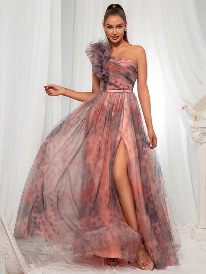  VIPGIRL SHEINXHannah Dreamy One-Shoulder Ombre Floral Prom Dress For Women, Tulle Ball Gown With Ruffle Detail And High Slit, Elegant Printed Evening Gown, Gradient Mesh Formal Dress,Women Formal & Evening Dresses