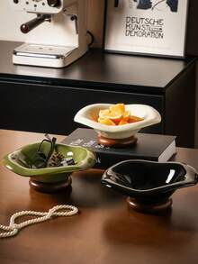 DearDali Asymmetrical Wavy Glazed Ceramic Fruit Bowl With Walnut Wood Base, Creative Home Decor Fruit Tray For Living Room, Entryway