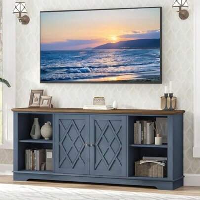 Blue TV Entertainment UnitTV Cabinet With 2 Door For TV Up To 80'' Entertainment Center With Storage With Adjustable Shelves For Living Room Bedroom