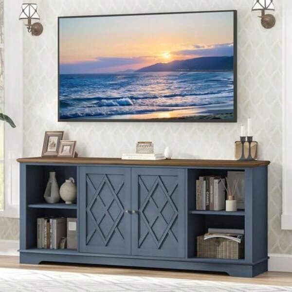 Blue TV Entertainment UnitTV Cabinet With 2 Door For TV Up To 80'' Entertainment Center With Storage With Adjustable Shelves For Living Room Bedroom