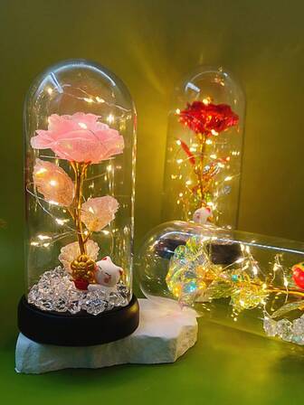 1ชิ้น LED กุหลาบในโดมพลาสติก ดอกไม้ประดิษฐ์ประดับตกแต่งพร้อมแสงอบอุ่น, Maneki-Neko (แมวกวักนำโชค) ของตกแต่งบ้าน, ของขวัญที่สมบูรณ์แบบสำหรับวันวาเลนไทน์, คริสต์มาส, วันขึ้นปีใหม่, วันแม่, วันเกิด, วันครบรอบ & งานแต่งงาน! (สุ่มแมว)