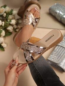 Women's Platform Wedge Sandals With Criss-Cross Strap, Casual Summer Travel Gold Butterfly Decor Flat Slide Slippers - Rose Gold - View 4