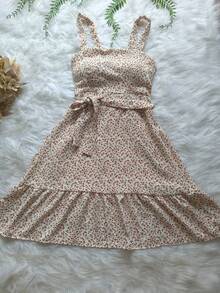 Vestido Estampado Feminina Com Bojo Curto Soltinho Com Cinto  Tecido TUNA Novo Modelo Verão - Bege-2 - Visão 1