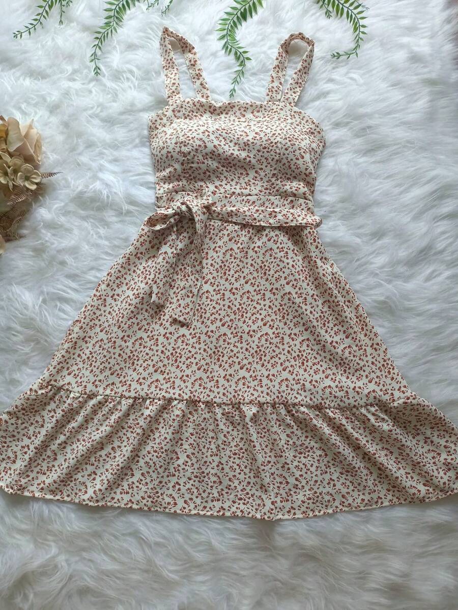 Vestido Estampado Feminina Com Bojo Curto Soltinho Com Cinto  Tecido TUNA Novo Modelo Verão - Bege-2 - Visão 1