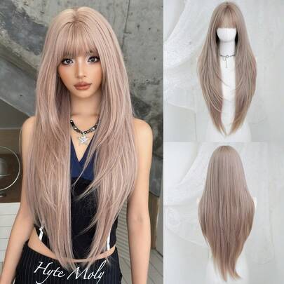 NAMM 30英寸超长直发灰粉色假发，带刘海 - 超长自然层次假发，高品质柔软合成纤维直发假发，适合女性日常佩戴、节日派对等场合 - 樱花庆典魅力派对街头风摄影 - 女孩礼物假发配件 - 初学者无胶假发配件