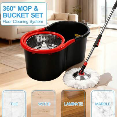 Spin Mop And Bucket With Wringer Set, 360°Rotating Head Mop Bucket System, Replacement Mop Heads For Floor Cleaning (Black & Red)