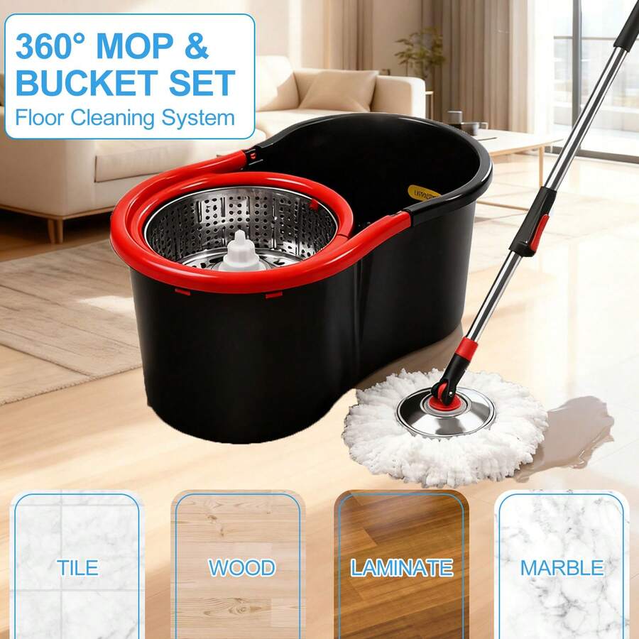 Spin Mop And Bucket With Wringer Set, 360°Rotating Head Mop Bucket System, Replacement Mop Heads For Floor Cleaning (Black & Red) - màu đen - Xem 1