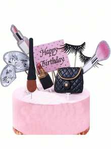 11 件或 6 件化妆蛋糕装饰、水疗生日蛋糕装饰、水疗派对用品、化妆主题派对蛋糕装饰，包括口红、粉状腮红和钻石刷插件，适合女士生日派对装饰、单身派对蛋糕装饰（手工制作，轻微瑕疵属正常现象，介意请勿购买） - 彩色 - 查看 4