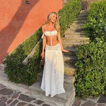 Women Summer Boho 2 Piece Outfits Lace Square Neck Tie Up Ruched Crop Tank Top And Long Maxi Skirt Set Holiday Beachwear Party Clubwear - 白色 - 查看 2