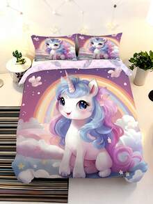 2/3件套可爱粉彩彩虹独角兽床上用品套装，卡哇伊卡通独角兽被套带枕套，梦幻云朵星空印花床品套装，适合女孩和儿童卧室装饰（大号） - 彩色 - 查看 5