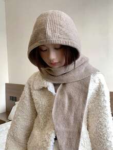 1件装女士休闲纯色麻花针织纹理保暖防风蓬松加厚连帽围巾围脖，适合约会、日常穿着、购物、旅行、搭配