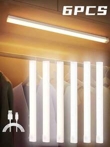 1/6 Unidades Luz de armario con sensor de movimiento - Luz nocturna automática con sensor, tira de luz LED automática, magnética, a batería, recargable por USB, adecuada para armario, gabinete, armario, escaleras, pasillo, dormitorio, estudio, debajo del gabinete, iluminación, cocina, decoración del hogar, luz LED, tira LED, luz con sensor de movimiento, luz de gabinete, luz de techo, accesorios de baño, decoración navideña del hogar, Navidad, decoraciones navideñas, luces navideñas