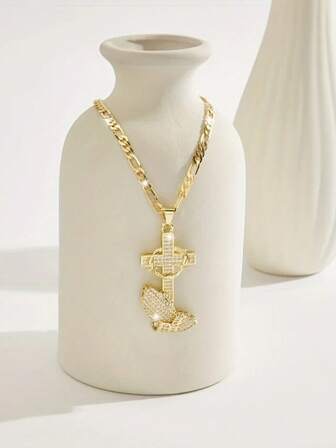 1Pc Fashion Pendant Necklace With Cross & Prayer Hand Design Jewelry For Weddings, Parties, And Special Occasions