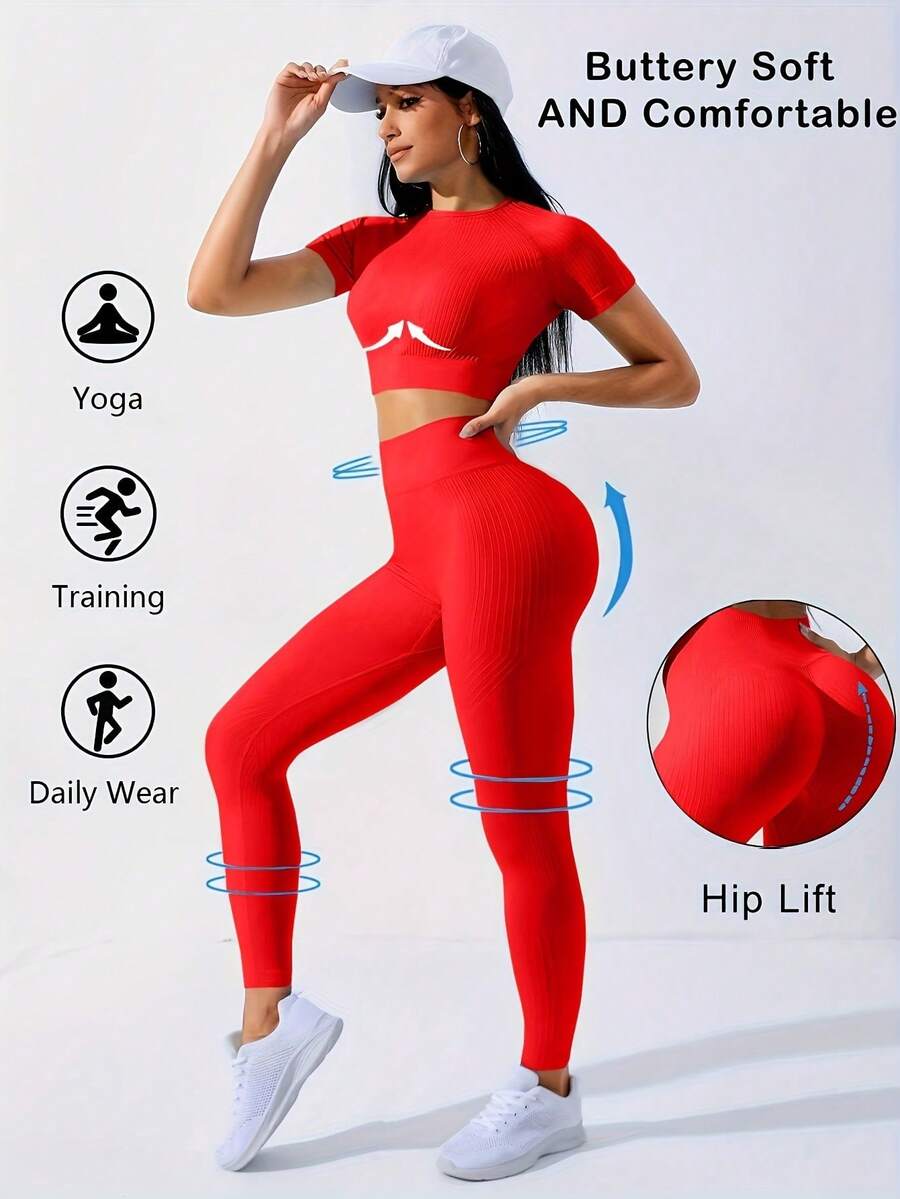 Workout Sets Outfits For Women – Yoga Leggings With Short Sleeve Crop Top, Slim Fit Tummy Control Butt Lifting Waist Shaping, Seamless Ribbed Texture, Breathable Soft Fabric, Non-Pilling, Perfect For Fall Winter Gym Yoga Running Fitness - Đỏ - Xem 1