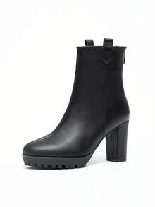 Women's Fashion Round Toe Chunky Heel Boots, European Style Round Toe High Heel Boots, Women's High Heel Boots, Winter Boots, High Heel Slim Heel Slip-On Women's Elegant Black Round Toe Slim Heel High Heel Shoes For Party, Holiday, Wedding, Women's Nude Ankle Boots, Versatile, Wedding, Black Ankle Boots - Black - View 10