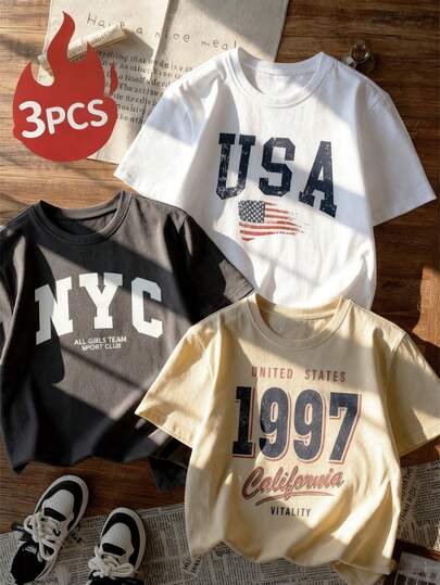 夏季女装新款简约彩色字母心形印花休闲圆领短袖T恤三件套，时尚百搭，适合女性日常上衣、度假休闲、春假。