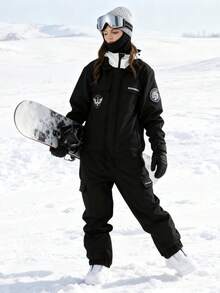 1件中性工裝風連身式滑雪服，寬鬆落肩褲裝，側開衩褲腳，黑色運動款 - 黑色 - 查看 9