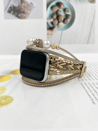 1pc Multi-Strand PU Leather Watch Band With Rhinestone Daisy Pearl Beads Decor, Adjustable Length Metal Watch Strap Compatible With Apple Watch