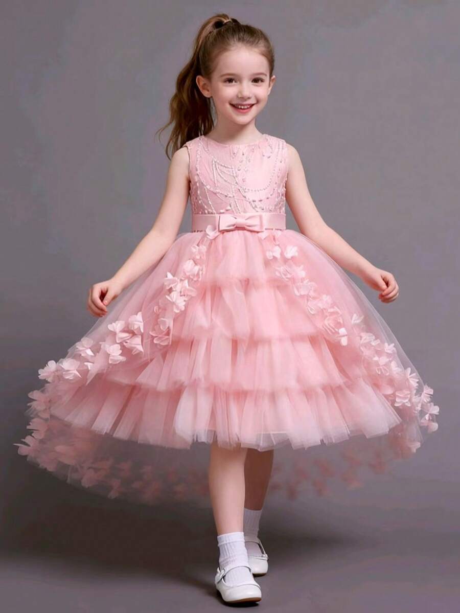 Girls Rainbow Tutu Dress, Princess Dress, Flower Girl Dress For Performance, Girls Trailing Cake Dress For Special Occasions - Pink - View 1