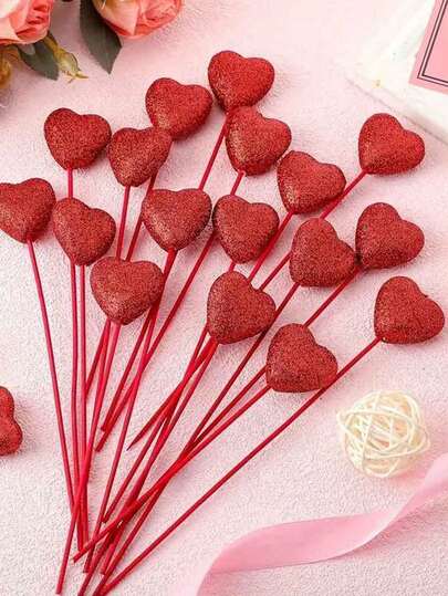 Valentine's Day Glitter Fluffy Heart Decor Sticks, Foam Heart Decor Sticks, Glitter Sticks, Valentine's Day Glitter Heart Foam Sticks, Fluffy Shiny Heart Sticks, Valentine's Day Floral Decor Sticks, Or Bouquet Craft Decor, Red And Pink