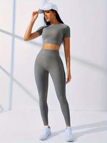 Workout Sets Outfits For Women – Yoga Leggings With Short Sleeve Crop Top, Slim Fit Tummy Control Butt Lifting Waist Shaping, Seamless Ribbed Texture, Breathable Soft Fabric, Non-Pilling, Perfect For Fall Winter Gym Yoga Running Fitness - 太空灰 - 查看 4