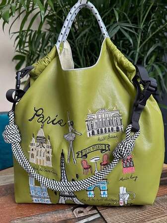 1个新款时尚多功能皮革刺绣图案可折叠大容量手提包，配有可调节肩带，适合日常通勤和购物