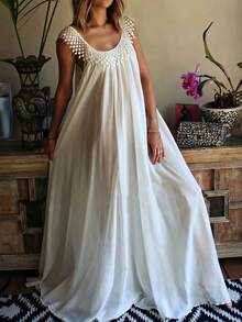 Plus Size Summer Chiffon Elegant Lace Trim Dress White - White - View 4