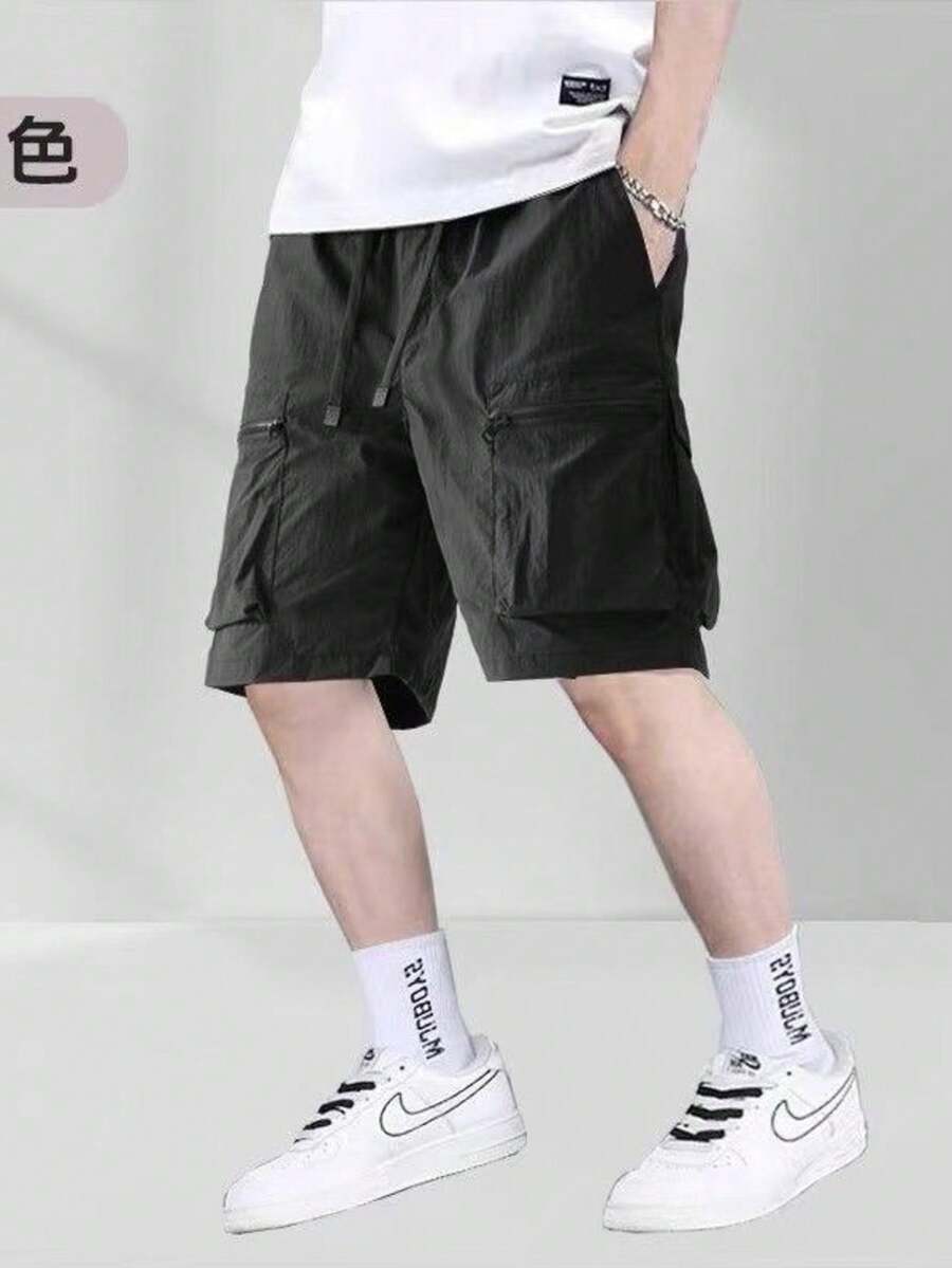 Men's Cargo Shorts Made Of Fabric With Drawstring And Pockets, No Stretch, Shorts Length For Casual Wear. - màu đen - Xem 1