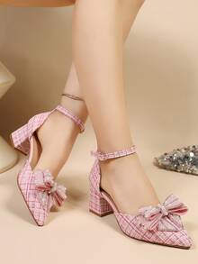 2025 New Basic Butterfly Rhinestone Decor Black Pointed Toe High Heel Pumps, Sexy & Elegant For Dresses, Autumn/Winter,Chunky Heels - Pink - View 6