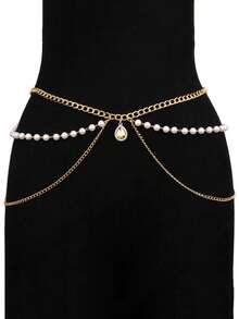 1件女士时尚简约多层金色金属腰链，百搭配饰，可搭配连衣裙，珍珠链身体链 - 金色 - 查看 7