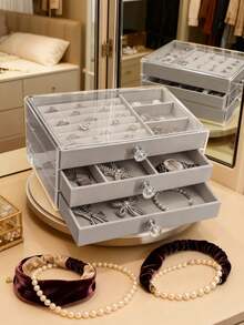1个大容量亚克力首饰盒，抽屉式首饰展示收纳盒，带可调节绒布托盘，适用于耳环、戒指、手镯、项链，是母亲节、生日和周年纪念日的理想礼物。 - 灰色 - 查看 9