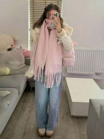 1PC Solid Color Macaron Warm Scarf For Women Sickened Wool Knitted Thick Sringed Shawl Suitable For Travel ,Outdoor,Daily Winter Warm Neck Women Winter Scarves