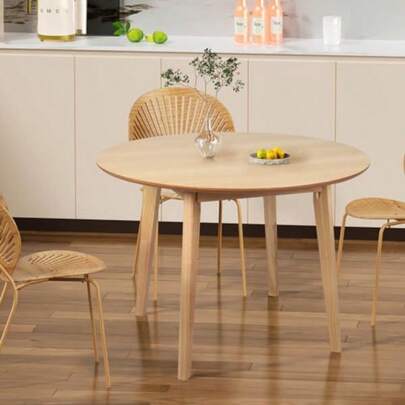 Round Dining Table Oak Veneer Or Melamine Top Rubberwood Base Anti-Slip For Kitchen/Cafe/Restaurant Partially Assembled 100cm X 100cm X 75cm Natural