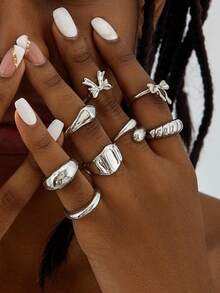 6pcs/8pcs Set Minimalist Chic Metal Geometric Open Band Rings, Unique Personalized Versatile Rings, Perfect Gift For Daily, Casual, Date, Shopping - Multicolor - View 13