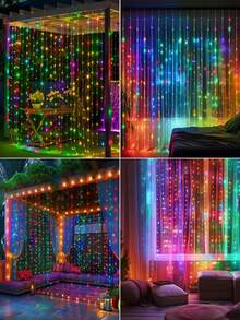 1条太阳能窗帘灯串 - 100/200/300颗LED灯珠，8种照明模式，IP65防水，户外太阳能灯串，适用于花园、露台、凉亭、房屋墙壁、家居、婚礼、派对、窗户、圣诞节、节日、复活节装饰，室内/室外（暖白/白/彩色） - 黑色 - 查看 8